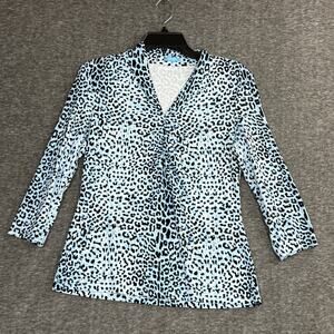 j. Mclaughlin Catalina Cloth Top Size Small Leopard Print 3/4 sleeves Blue